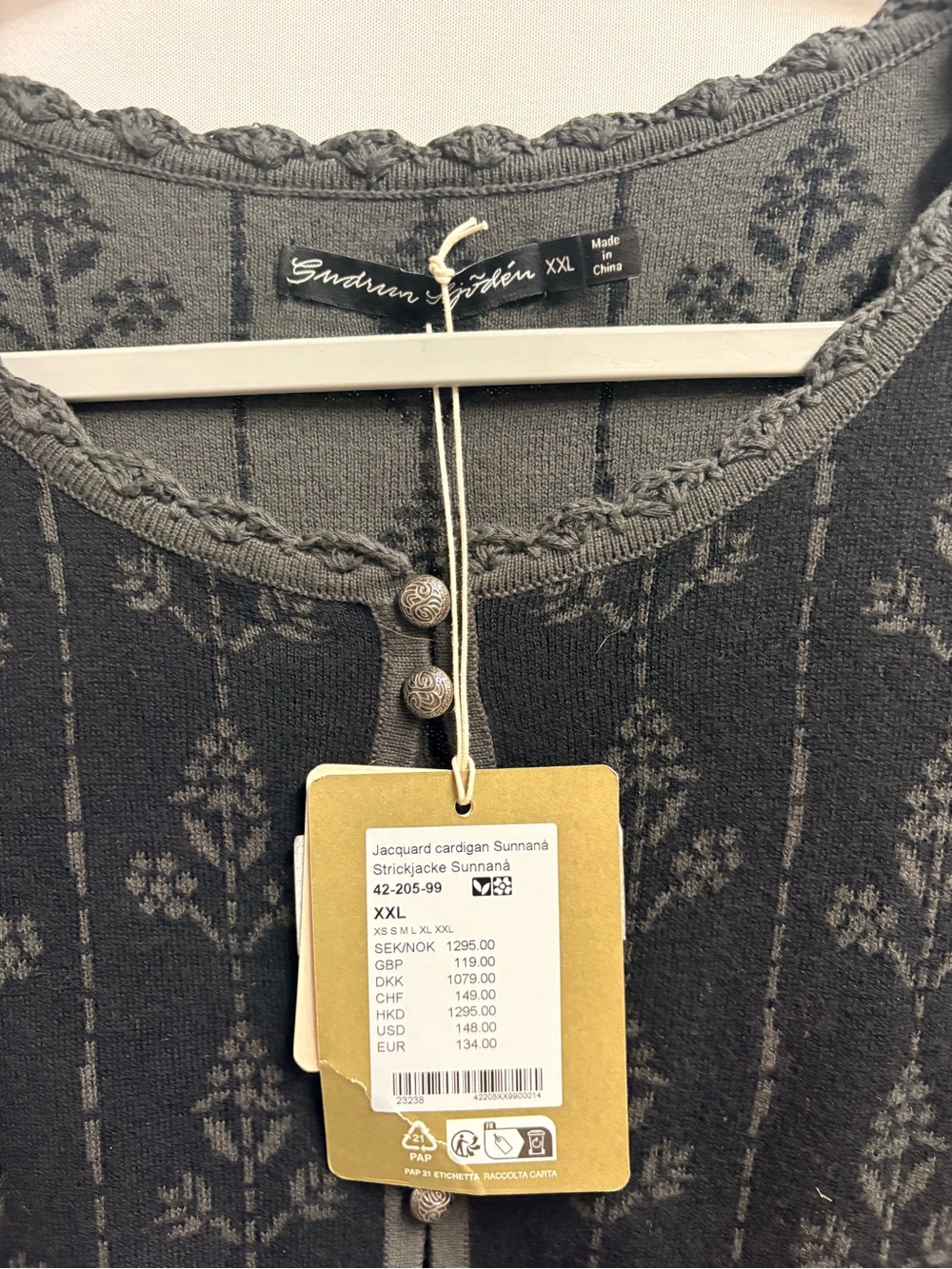 NWT Gudrun Sjoden Sunnana Jacquard Long Cardigan Black/Gray Size XXL - Picture 5 of 5